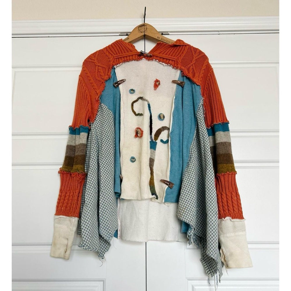 Vintage Orange and Blue Patchwork Color-Blocked Hoodie, Wool and Button Detail